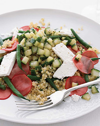 qunoa salad with pickled radishes and feta