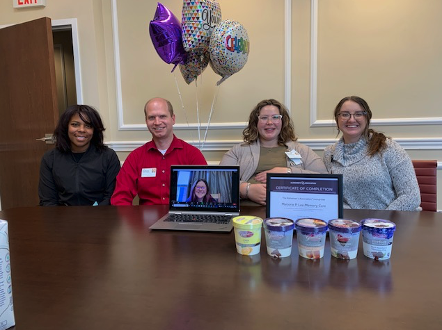 MPL's research team, from left: Alix Scruggs (RA on Kirby and Luther); Health Services Administrator Anthony Williams; Megan Graetorex on the Zoom screen (Life Enrichment assistant for Kirby and Luther); Hannah McCarren (Memory Support Household Coordinator); and Katrina Traylor (Service Coordinator). Not pictured but participated: Larceida Beatty (RA at the Kirby and Luther households). 