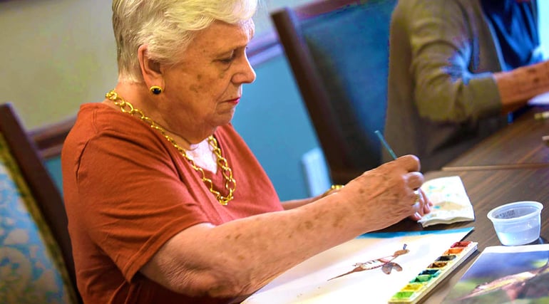 Residents enjoy and benefit from creative activities like art that give the opportunity for non-verbal expression. Creative activities also help reduce agitation and boost mood, as well as give a sense of accomplishment and purpose.